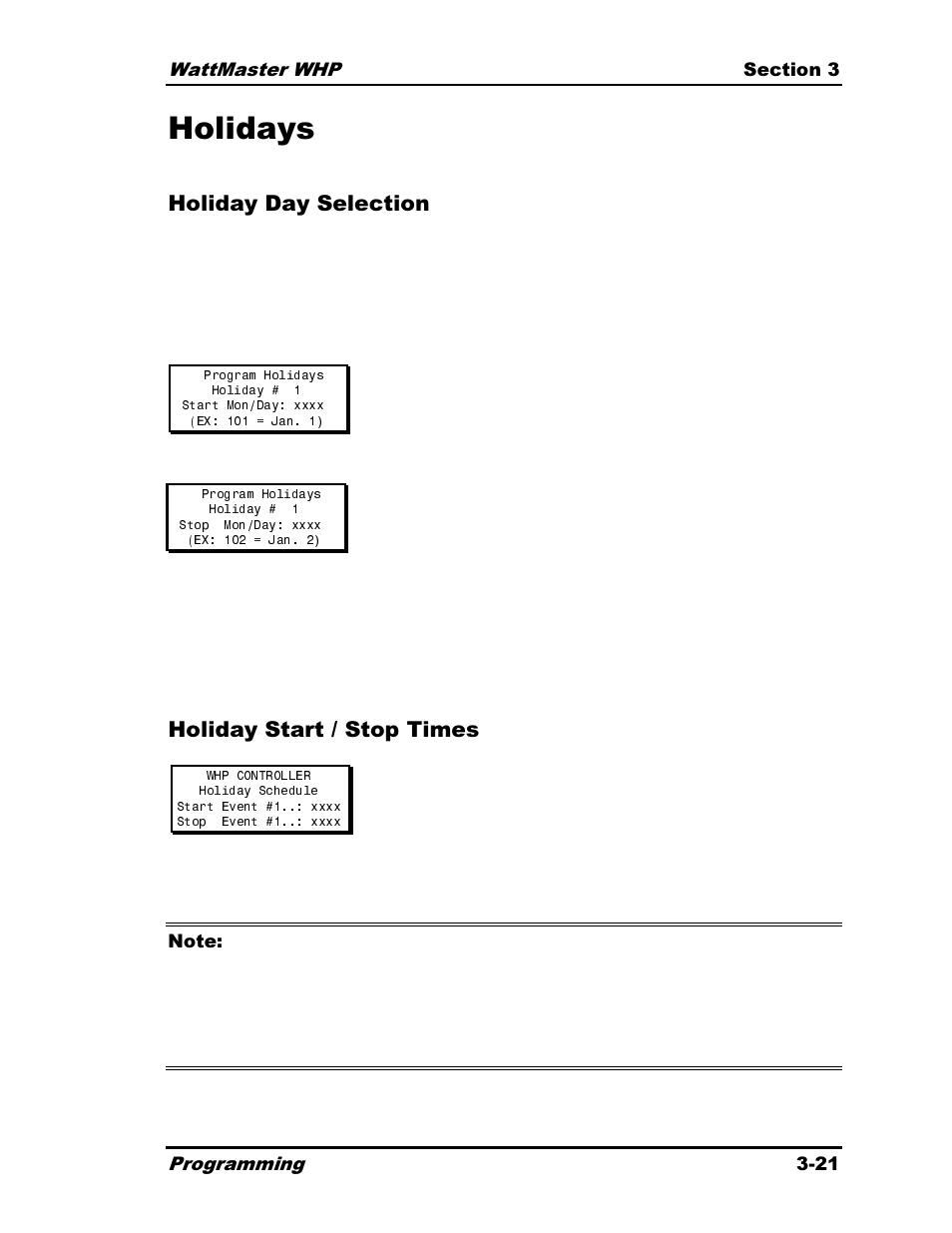Holidays, Holiday day selection, Holiday start / stop times | Heat Controller Water Source Heat Pump User Manual | Page 69 / 126