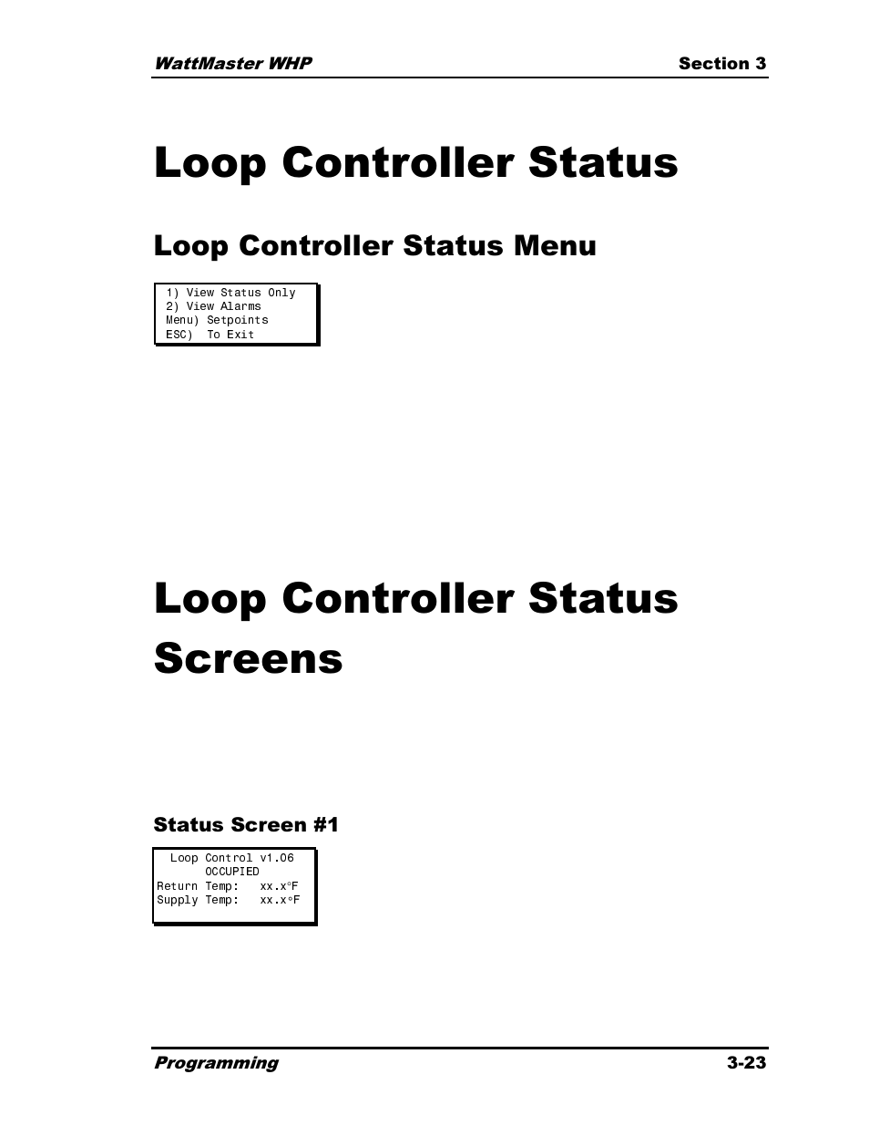 Loop controller status, Loop controller status screens, Loop controller status menu | Heat Controller Water Source Heat Pump User Manual | Page 71 / 126