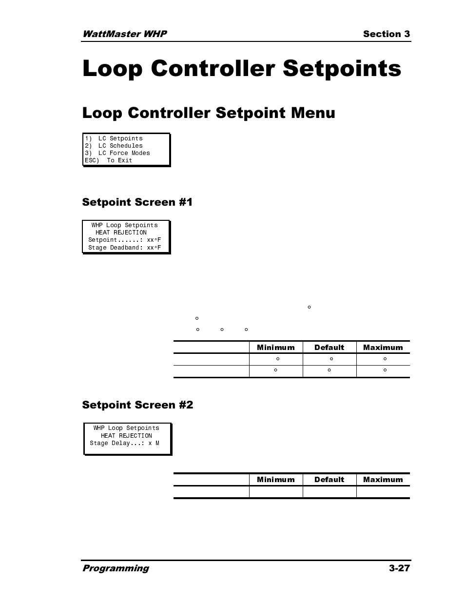 Loop controller setpoints, Loop controller setpoint menu, Minimum default maximum | Setpoint screen #1 setpoint screen #2 | Heat Controller Water Source Heat Pump User Manual | Page 75 / 126
