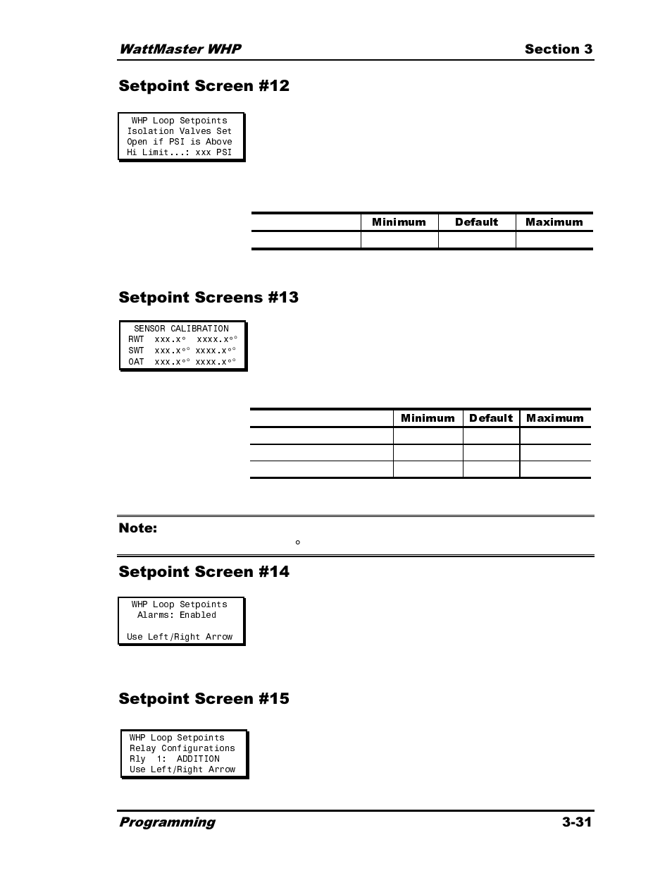 Minimum default maximum, Setpoint screen #12 setpoint screens #13, Setpoint screen #14 setpoint screen #15 | Heat Controller Water Source Heat Pump User Manual | Page 79 / 126