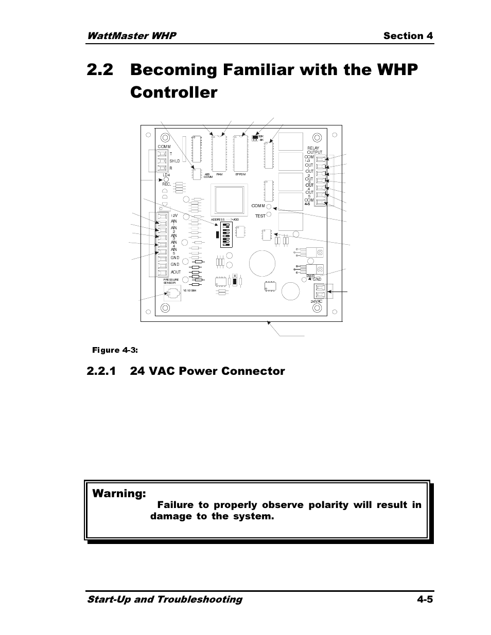 2 becoming familiar with the whp controller, 1 24 vac power connector, Warning | Figure 4-3: whp controller component layout | Heat Controller Water Source Heat Pump User Manual | Page 87 / 126