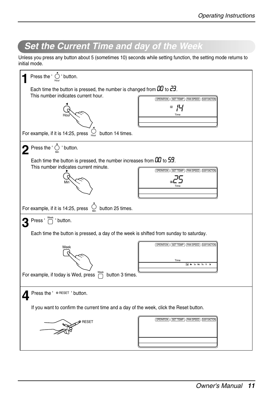 Set the current time and day of the week, Owner's manual 11, Operating instructions | Heat Controller DMC36CA-1 User Manual | Page 11 / 27