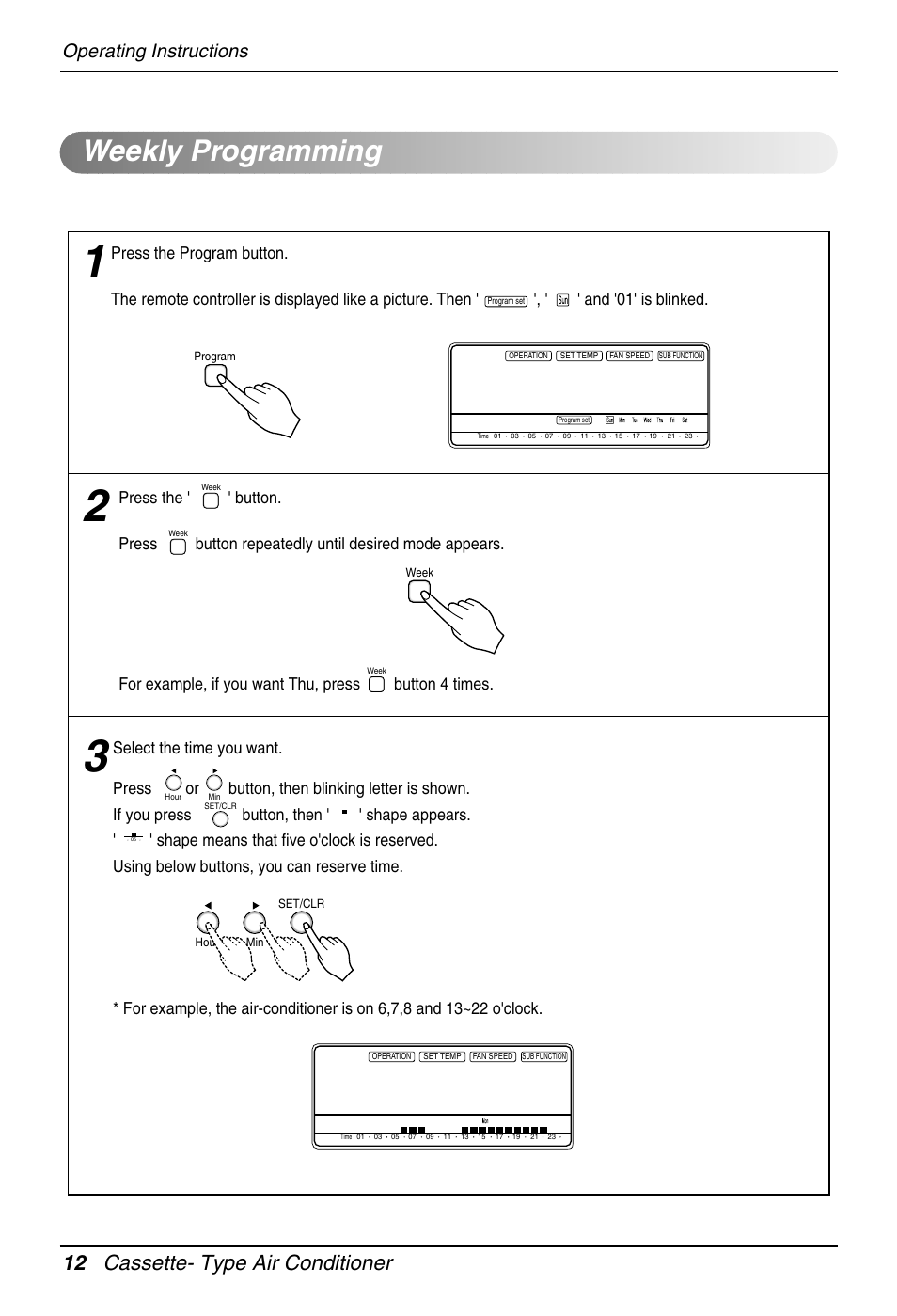 Weekly programming, 12 cassette- type air conditioner, Operating instructions | Heat Controller DMC36CA-1 User Manual | Page 12 / 27