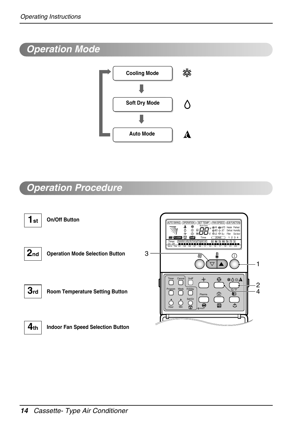 Operation mode operation procedure, 14 cassette- type air conditioner, Operating instructions | Cooling mode soft dry mode auto mode | Heat Controller DMC36CA-1 User Manual | Page 14 / 27