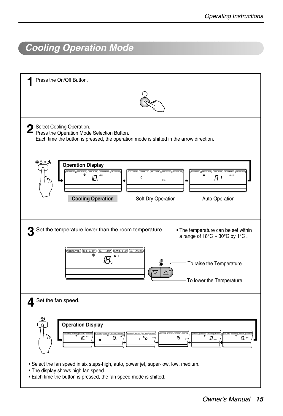 Cooling operation mode, Owner's manual 15, Operating instructions | Operation display, Cooling operation soft dry operation, Auto operation, Press the on/off button, Set the fan speed | Heat Controller DMC36CA-1 User Manual | Page 15 / 27