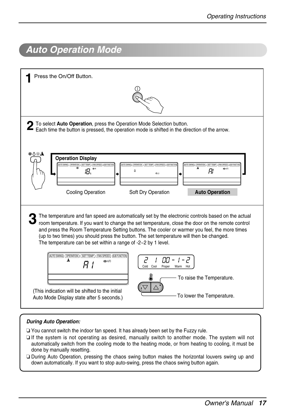 Auto operation mode, Owner's manual 17, Operating instructions | Press the on/off button | Heat Controller DMC36CA-1 User Manual | Page 17 / 27