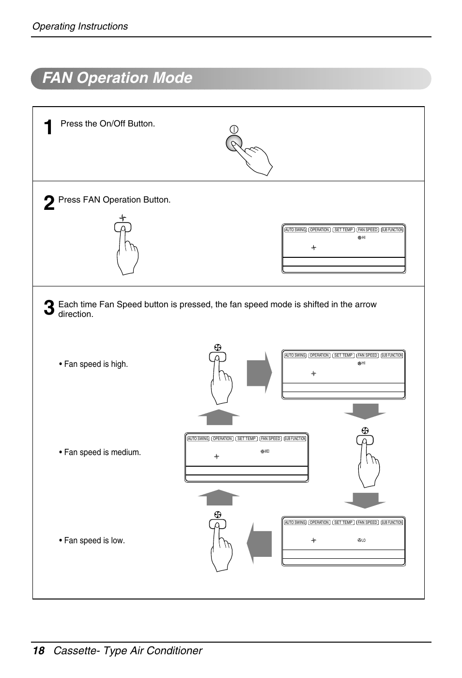 Fan operation mode, 18 cassette- type air conditioner, Operating instructions | Press the on/off button, Press fan operation button | Heat Controller DMC36CA-1 User Manual | Page 18 / 27
