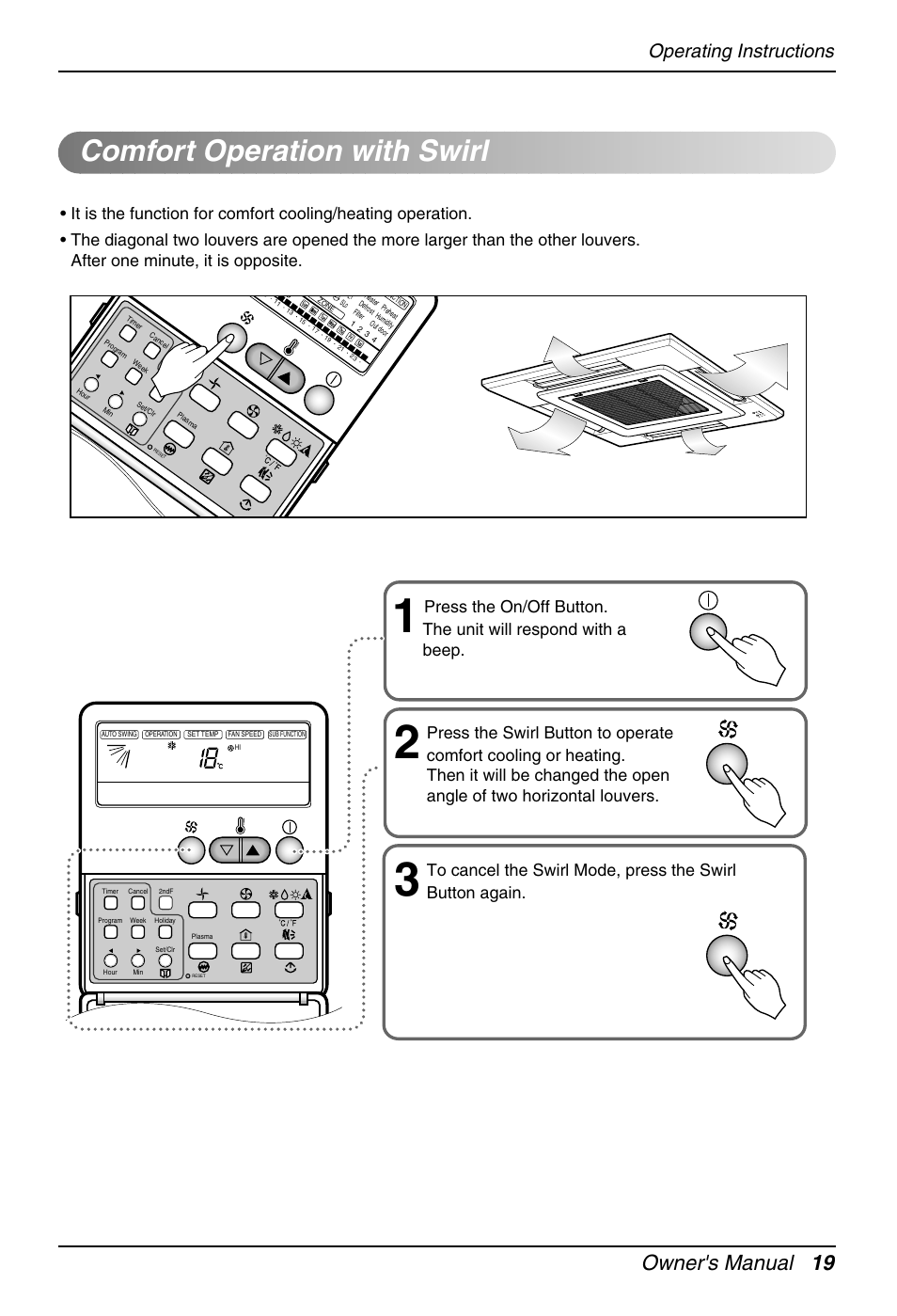 Comfort operation with swirl, Owner's manual 19, Operating instructions | Heat Controller DMC36CA-1 User Manual | Page 19 / 27