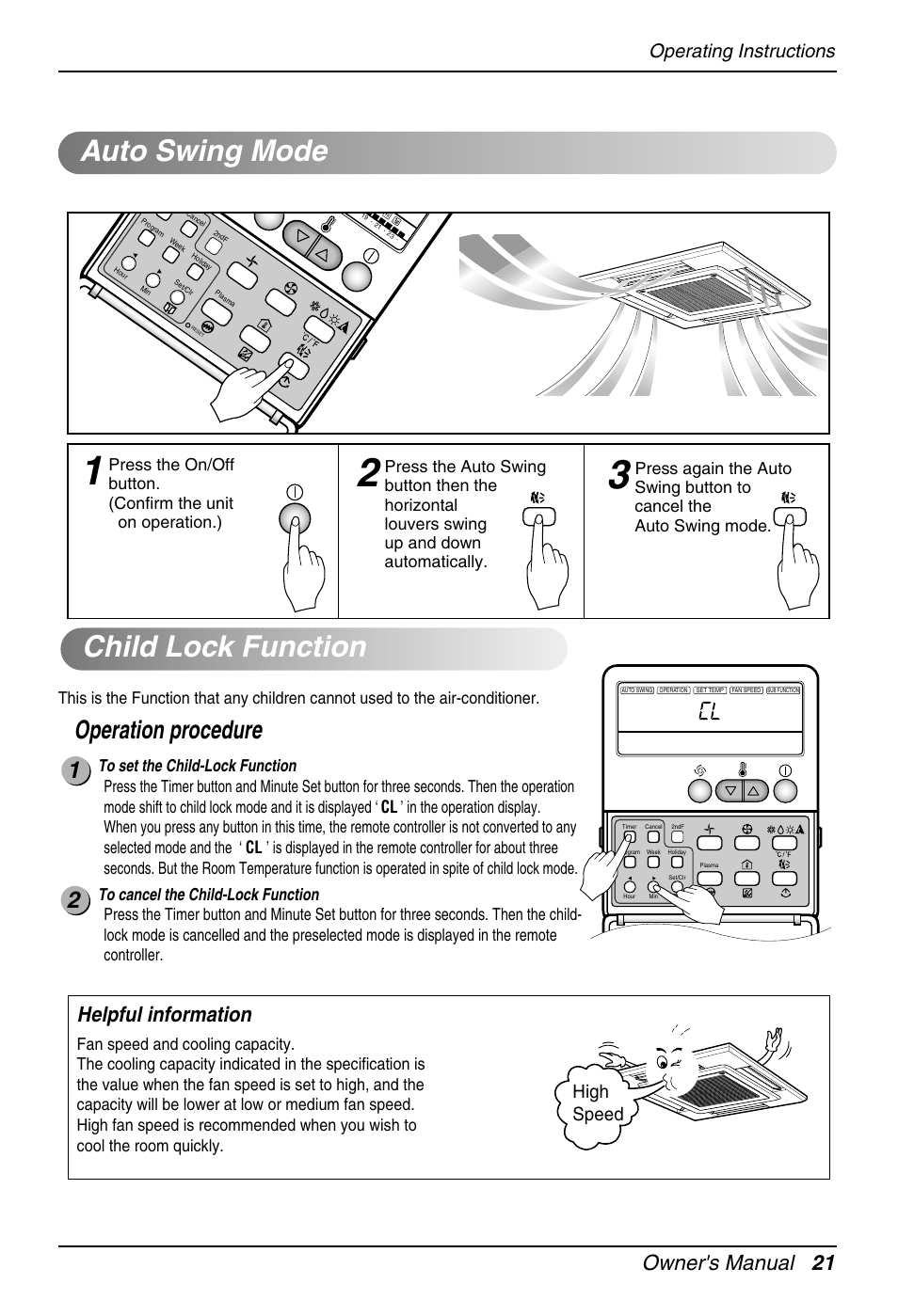 Child lock function, Auto swing mode, Operation procedure | Owner's manual 21, Helpful information, Operating instructions, High speed | Heat Controller DMC36CA-1 User Manual | Page 21 / 27