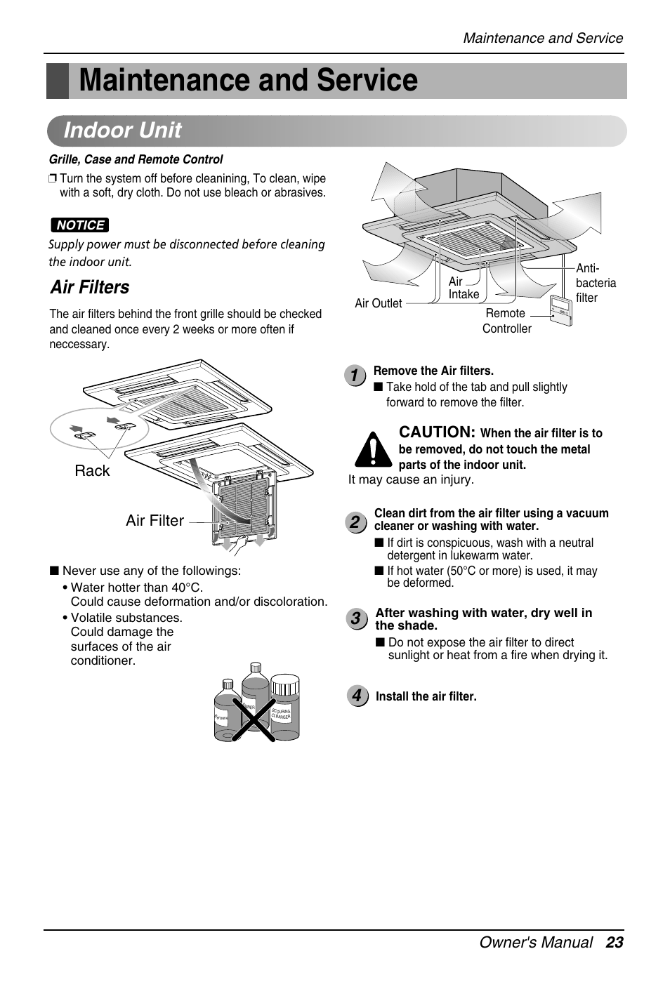 Maintenance and service, Indoor unit, Air filters | Owner's manual 23, Caution, Rack air filter | Heat Controller DMC36CA-1 User Manual | Page 23 / 27