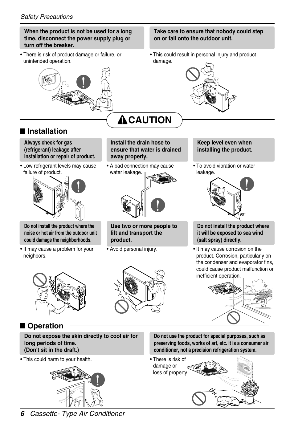 Caution, Installation, Operation | 6 cassette- type air conditioner | Heat Controller DMC36CA-1 User Manual | Page 6 / 27
