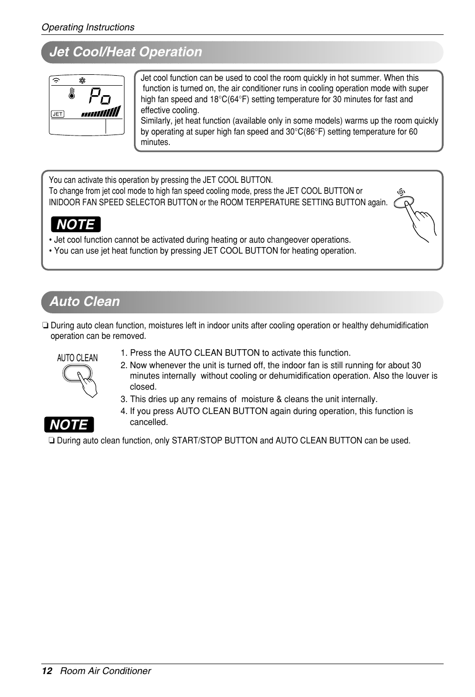 Jet cool/heat operation, Auto clean | Heat Controller VMH30SB-1 User Manual | Page 13 / 19