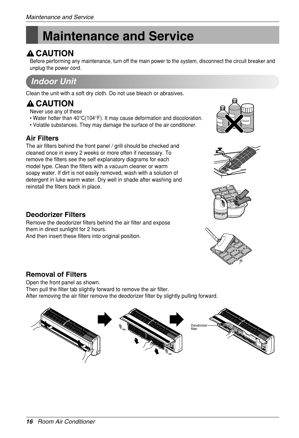 Maintenance and service, Indoor unit, Air filters | Deodorizer filters, Removal of filters | Heat Controller VMH30SB-1 User Manual | Page 17 / 19