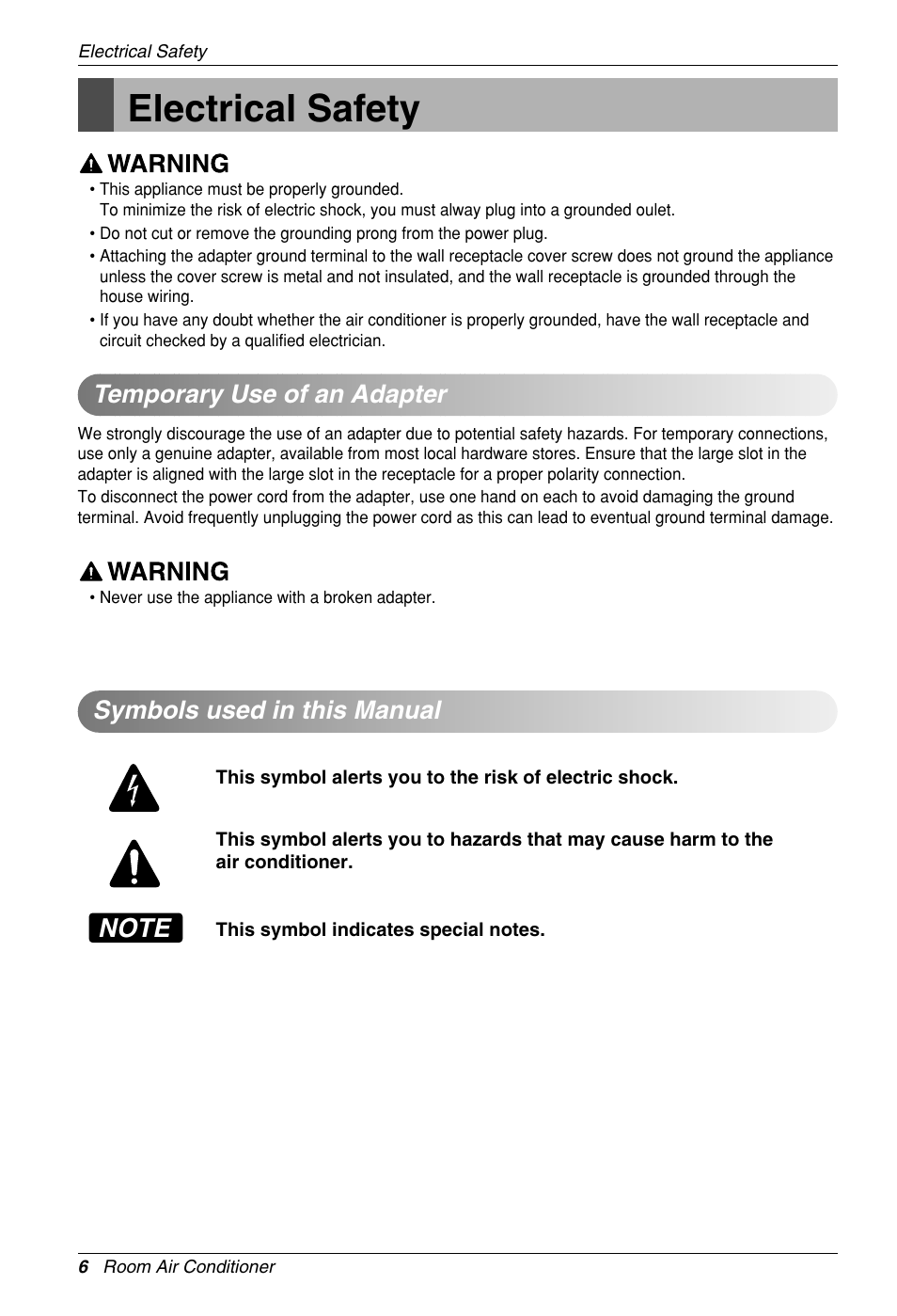 Electrical safety, Temporary use of an adapter, Symbols used in this manual | Heat Controller VMH30SB-1 User Manual | Page 7 / 19