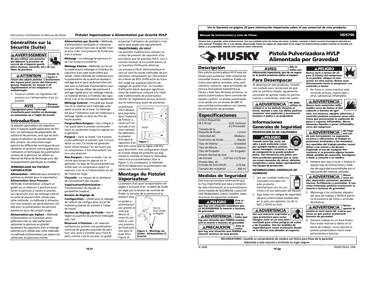 Pistola pulverizadora hvlp alimentada por gravedad, Descripción, Para desempacar | Especificaciones, Introduction, Montage du pistolet vaporisateur, Généralités sur la sécurité (suite) | Husky hds790 User Manual | Page 10 / 14