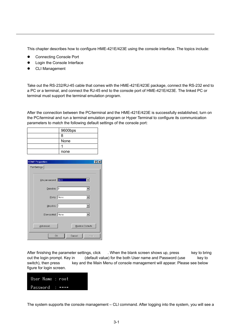 Chapter 3 configuration using console interface, Connecting console port, Login the console interface | Cli management | Husky HME-423E User Manual | Page 15 / 77