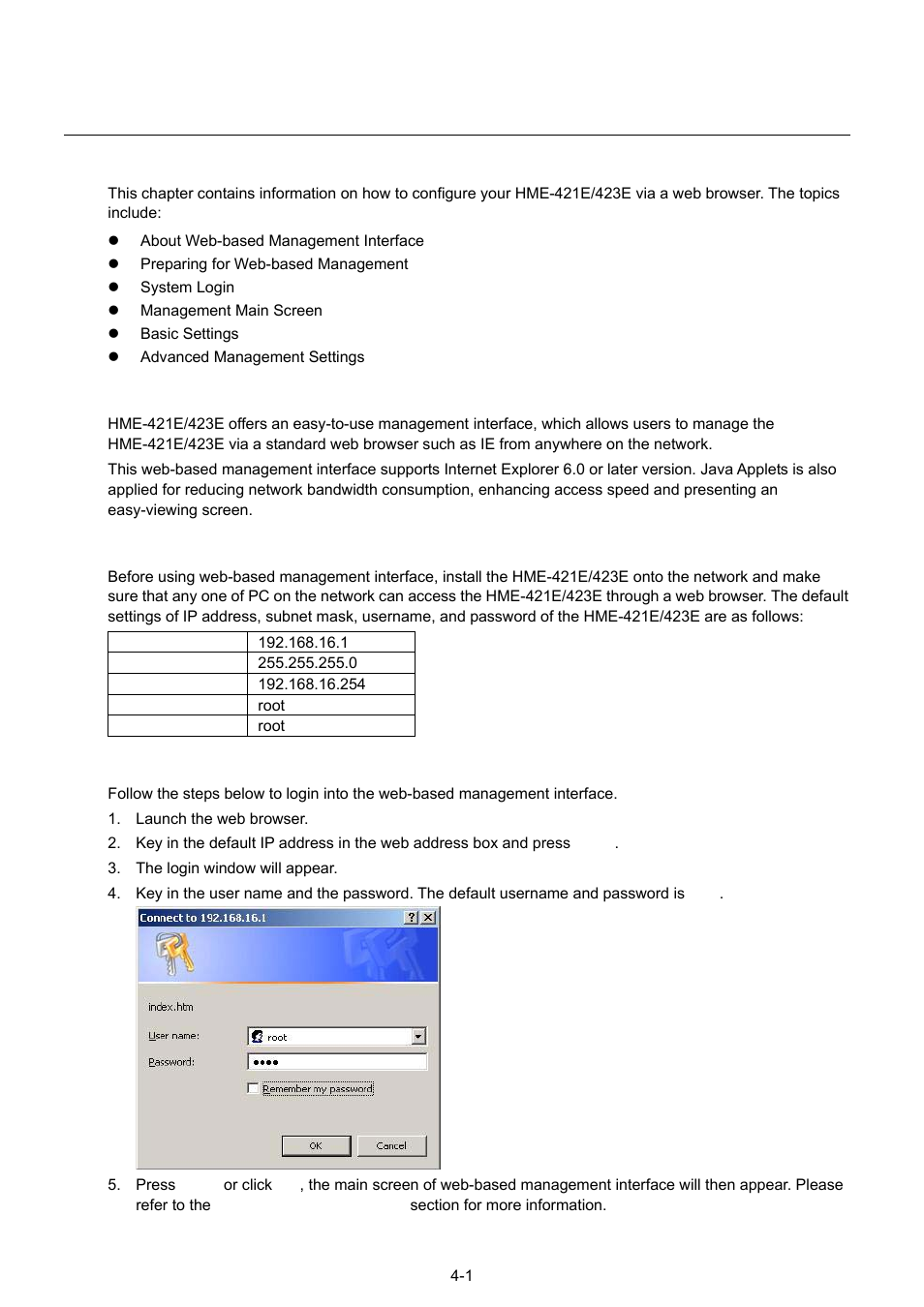 Chapter 4 configuration using a web browser, About web-based management interface, Preparing for web-based management | System login, Configuration using a web browser | Husky HME-423E User Manual | Page 17 / 77