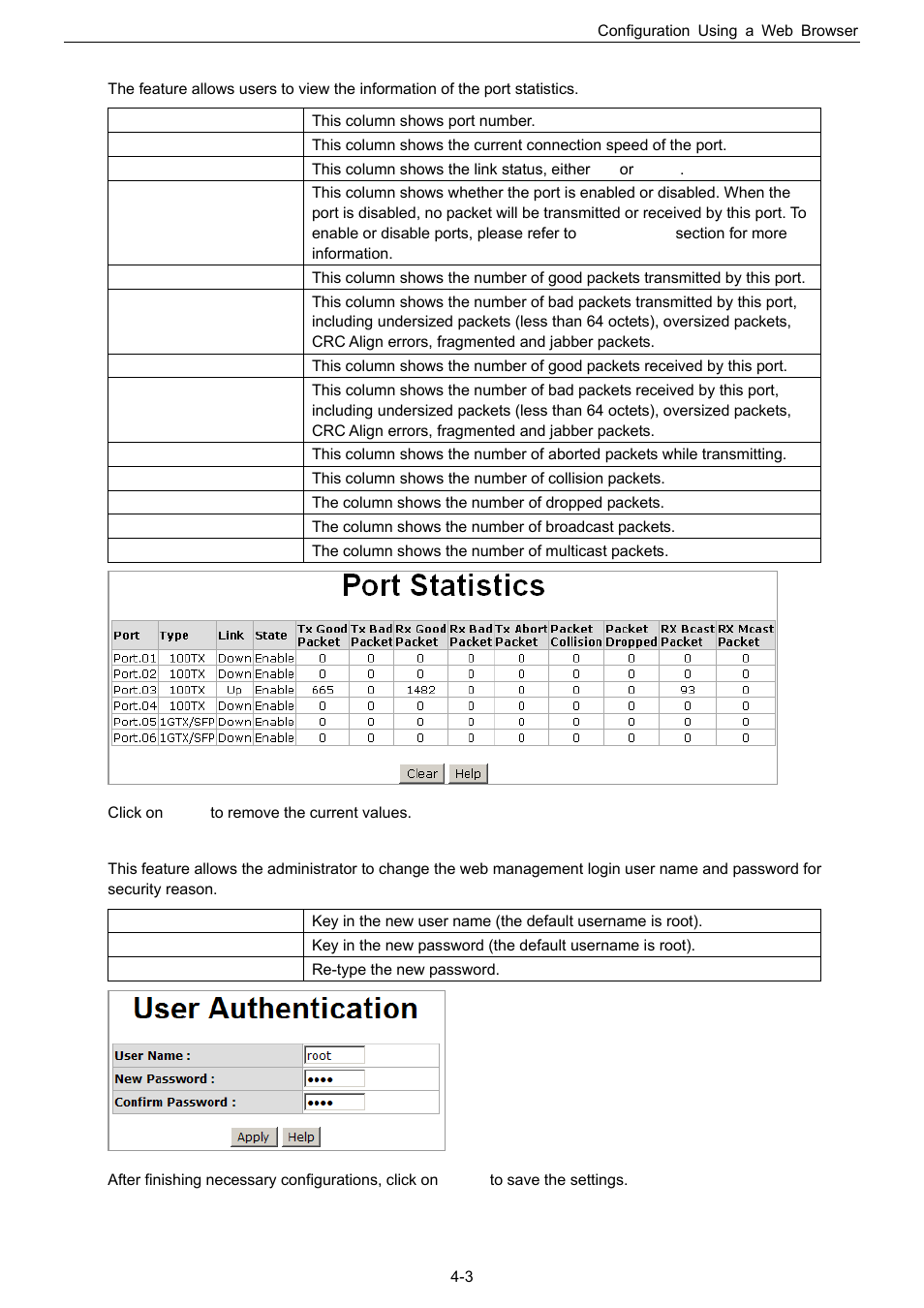 Port statistics, User authentication | Husky HME-423E User Manual | Page 19 / 77