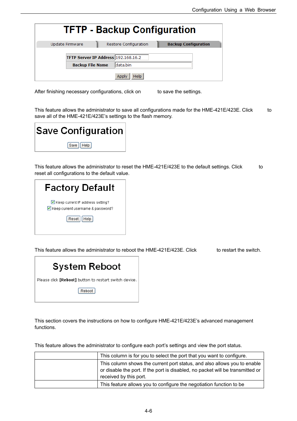 Saving configuration files, Factory default, Rebooting system | Advanced management settings, Port control, 6 advanced management settings | Husky HME-423E User Manual | Page 22 / 77