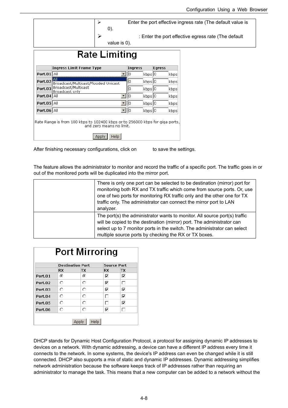 Port mirroring, Dhcp server | Husky HME-423E User Manual | Page 24 / 77