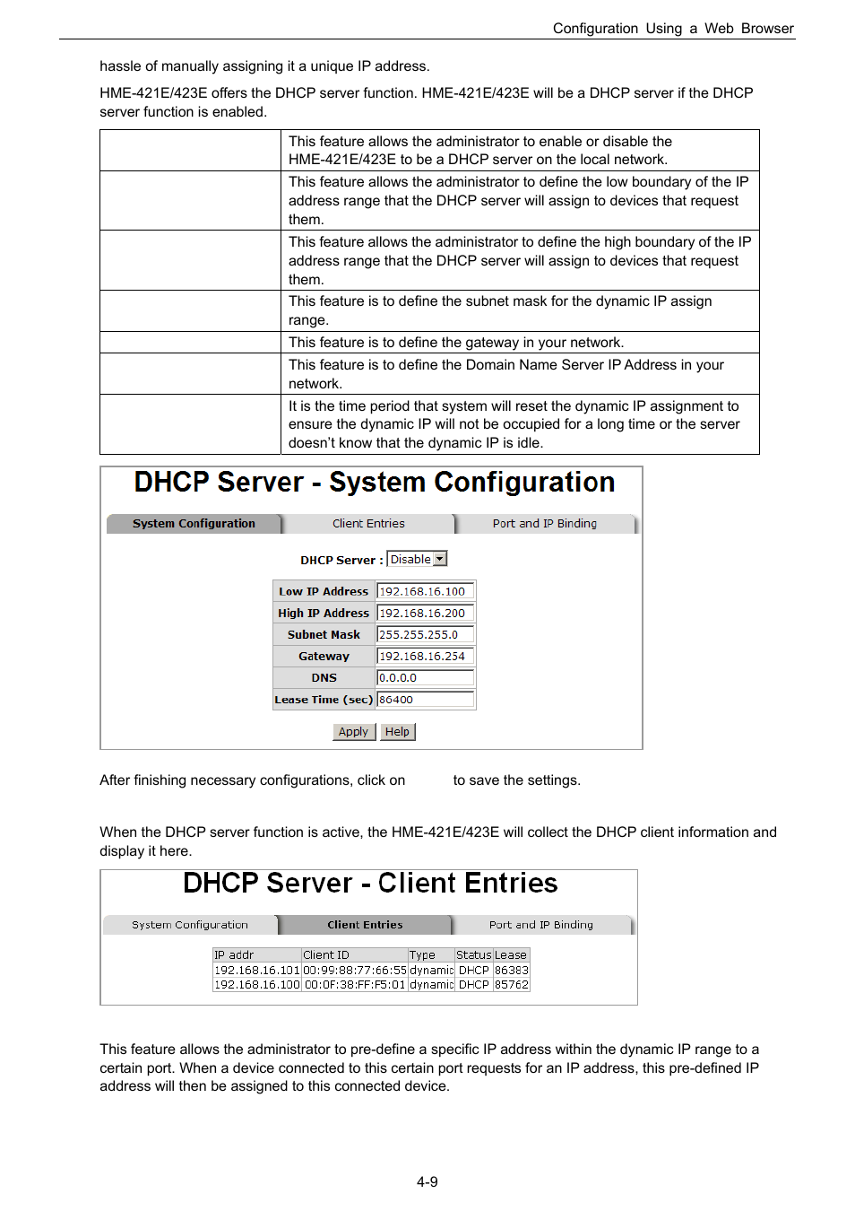 Dhcp client, Port and ip bindings by dhcp server | Husky HME-423E User Manual | Page 25 / 77