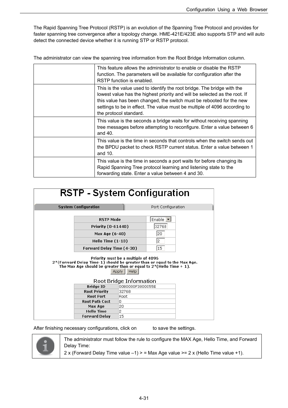 Rapid spanning tree protocol confoguration | Husky HME-423E User Manual | Page 47 / 77