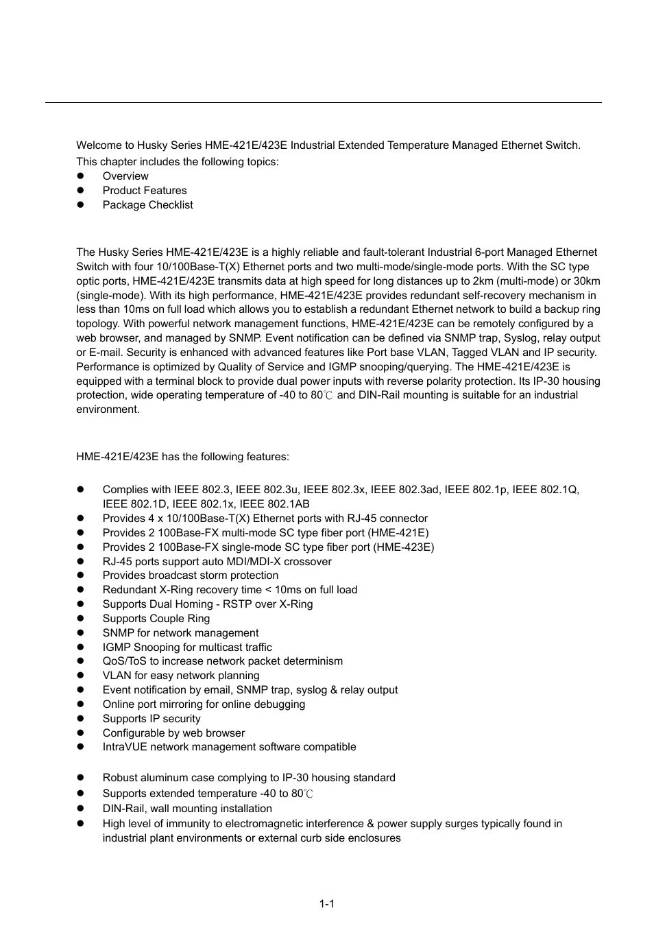 Chapter 1 introduction, Overview, Product features | Introduction | Husky HME-423E User Manual | Page 6 / 77