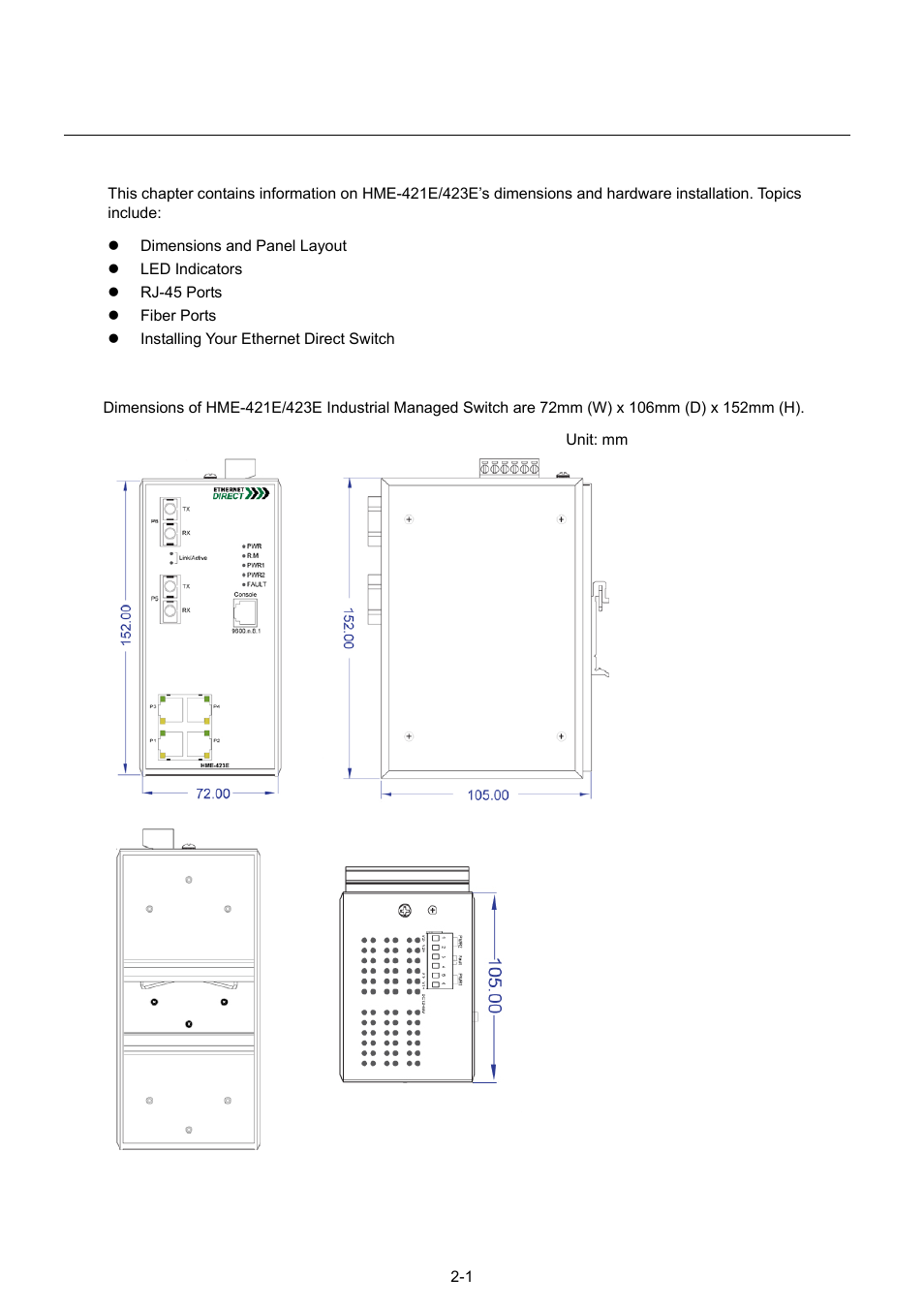 Chapter 2 hardware installation, Dimensions and panel layout | Husky HME-423E User Manual | Page 8 / 77