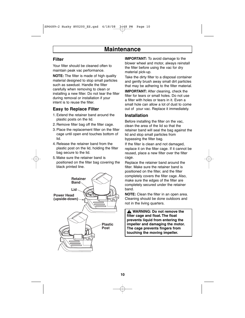 Maintenance | Husky HV02000 User Manual | Page 10 / 24