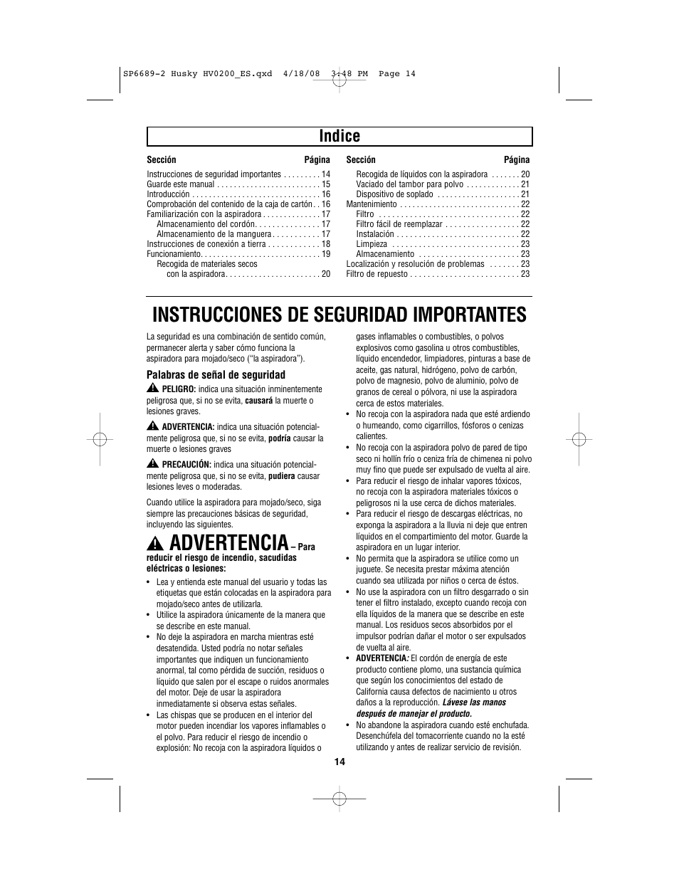 Advertencia, Instrucciones de seguridad importantes, Indice | Husky HV02000 User Manual | Page 14 / 24