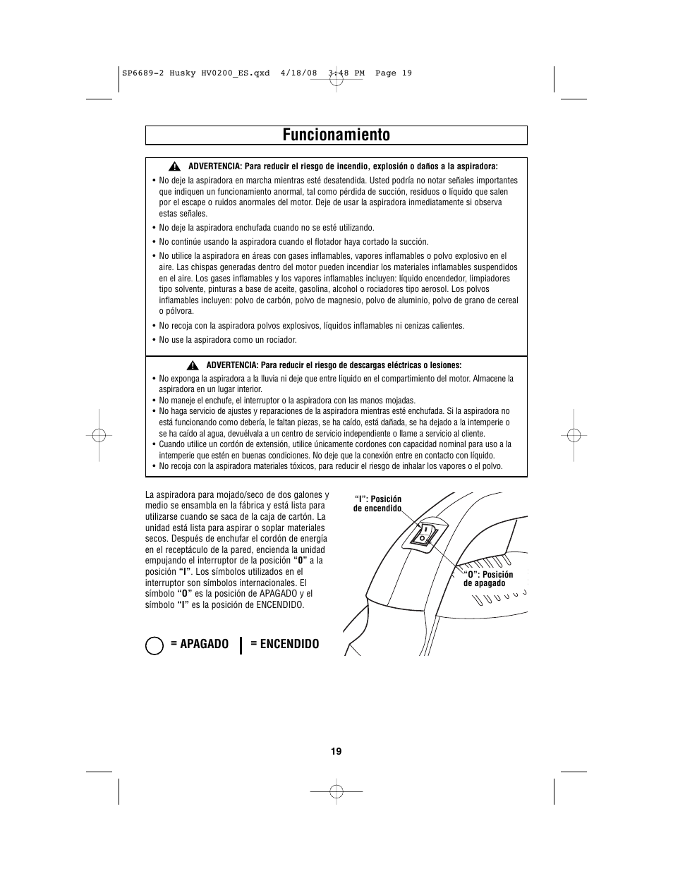 Funcionamiento, Apagado = encendido | Husky HV02000 User Manual | Page 19 / 24