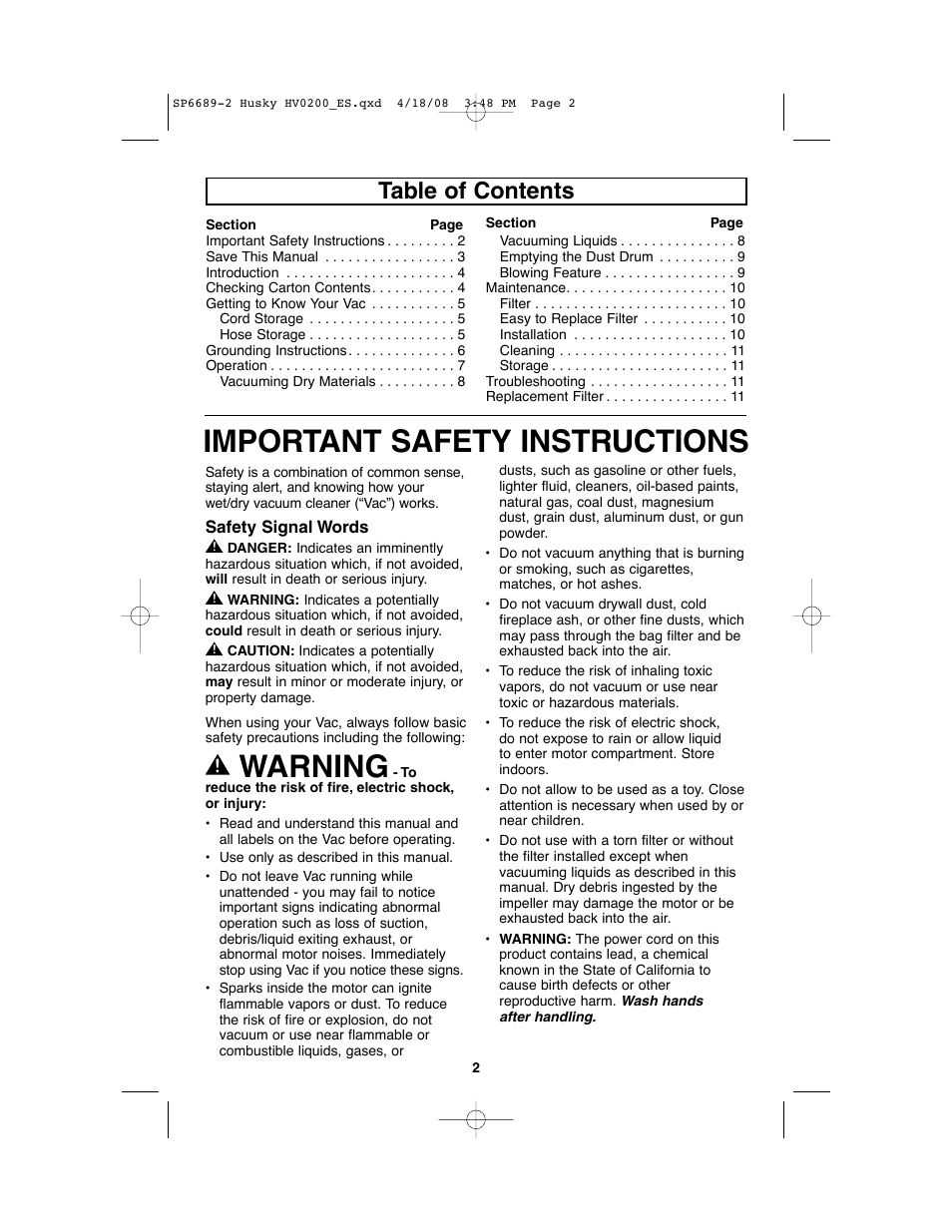 Husky HV02000 User Manual | Page 2 / 24