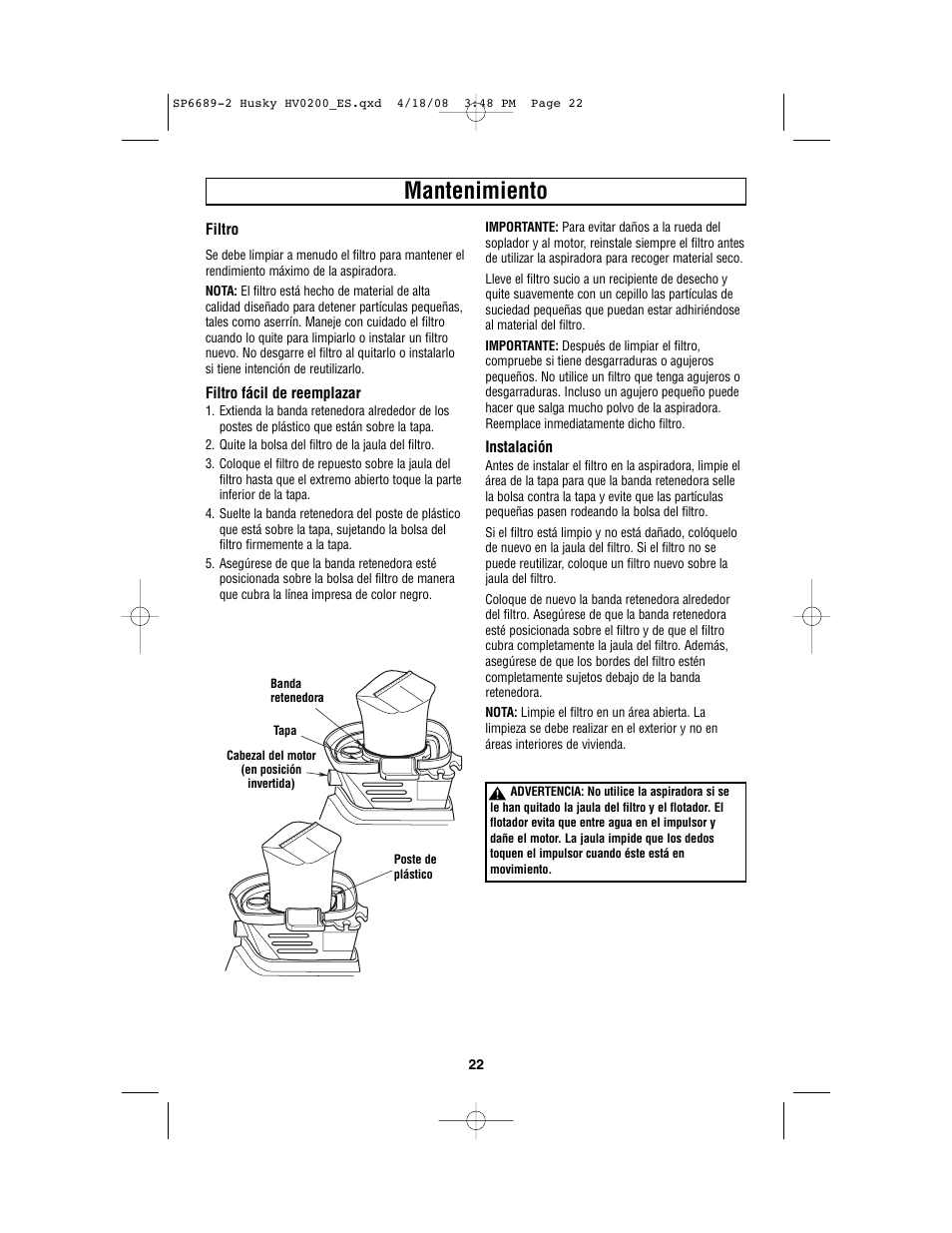 Mantenimiento | Husky HV02000 User Manual | Page 22 / 24