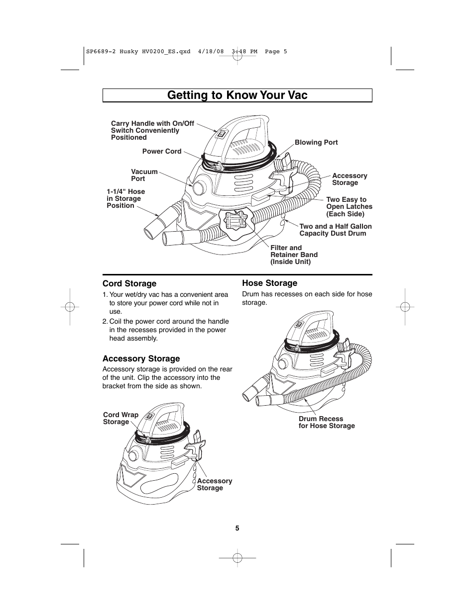 Getting to know your vac | Husky HV02000 User Manual | Page 5 / 24