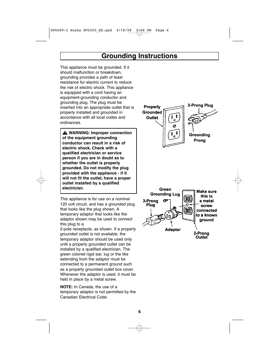 Grounding instructions | Husky HV02000 User Manual | Page 6 / 24