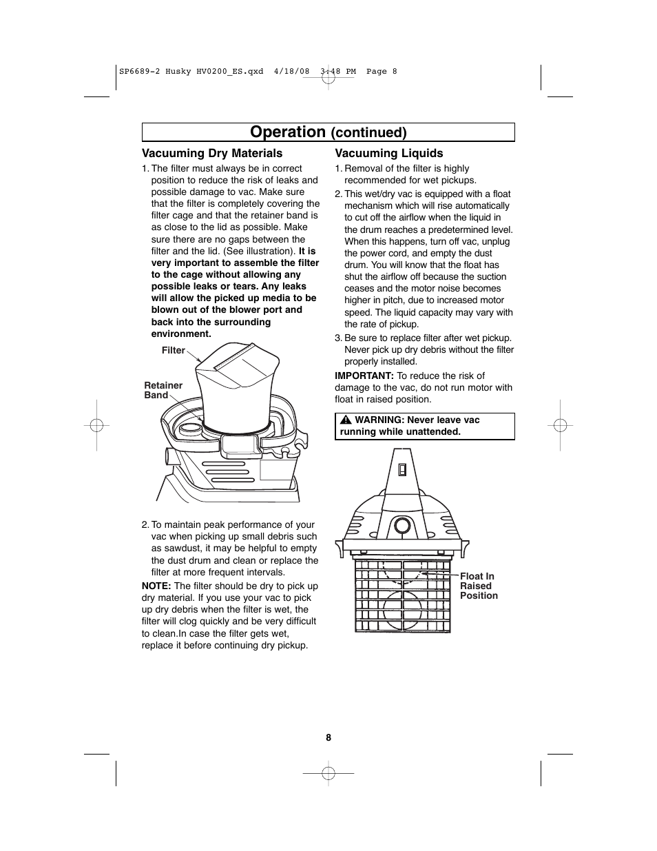 Operation, Continued) | Husky HV02000 User Manual | Page 8 / 24