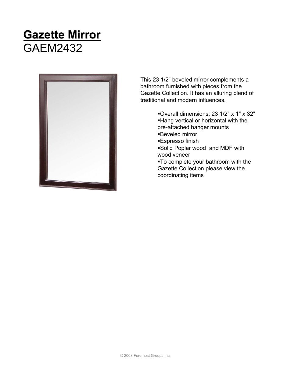 Spec sheet gazette 15, Gazette mirror, Gazette mirror gaem2432 | Husky Gazette GAEA3022 User Manual | Page 15 / 20