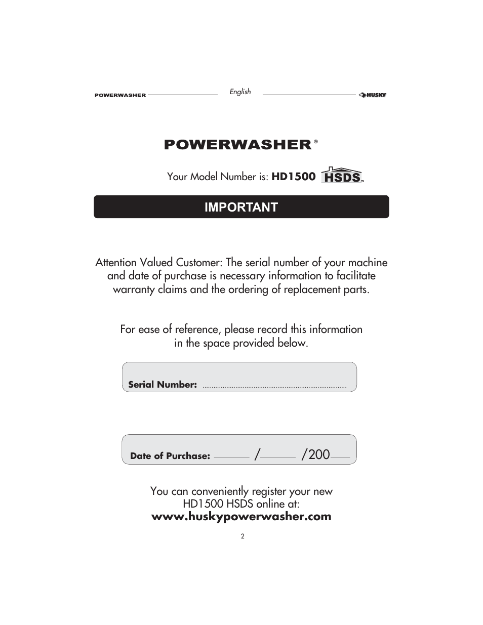 Important | Husky HD1500 User Manual | Page 2 / 68