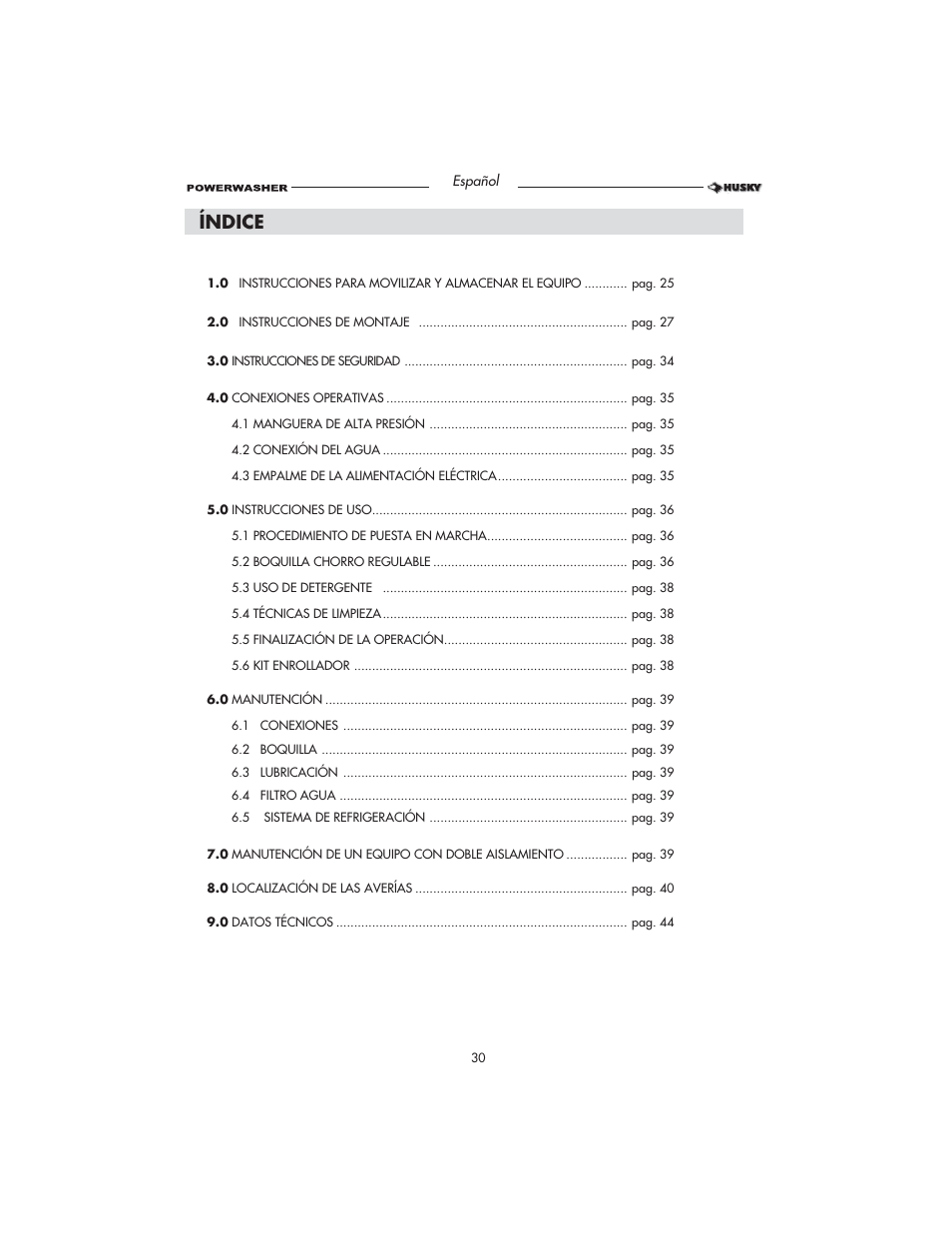 Índice | Husky HD1500 User Manual | Page 30 / 68
