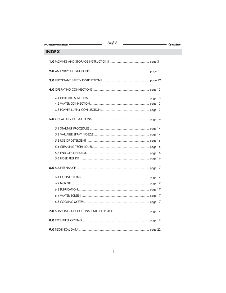 Index | Husky HD1500 User Manual | Page 8 / 68