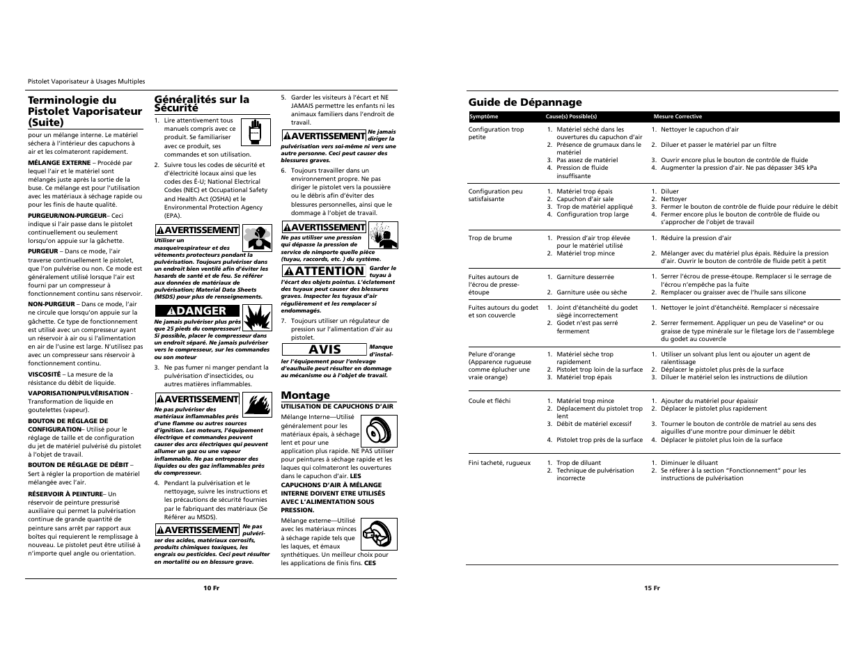 Avis, Attention, Danger | Guide de dépannage, Montage, Terminologie du pistolet vaporisateur (suite), Généralités sur la sécurité | Husky HDS420 User Manual | Page 15 / 24