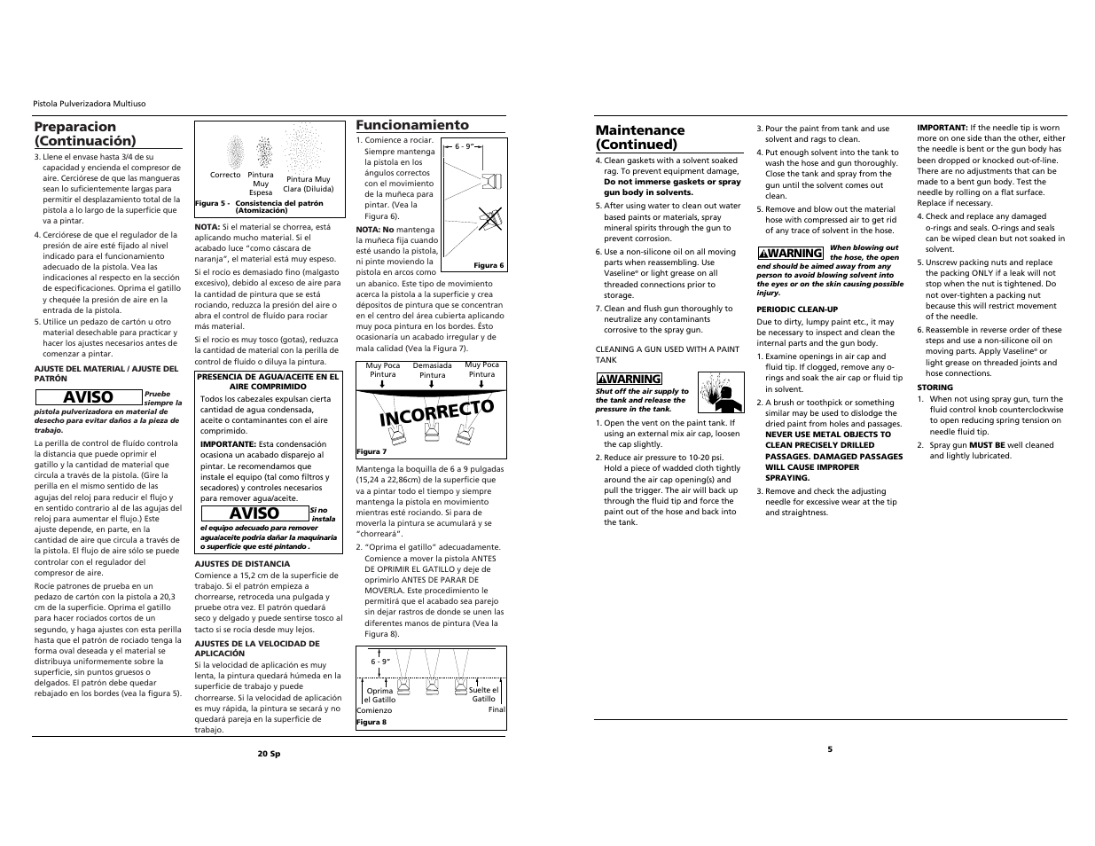 Incorrecto, Aviso, Funcionamiento | Preparacion (continuación), Maintenance (continued) | Husky HDS420 User Manual | Page 20 / 24