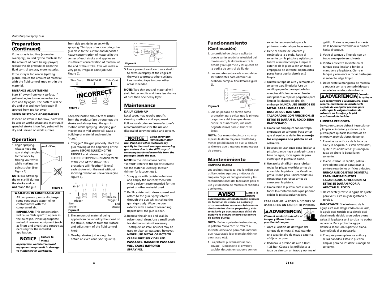 Incorrect, Aviso, Funcionamiento | Mantenimiento, Advertencia, Maintenance, Notice preparation (continued), Operation, Notice | Husky HDS420 User Manual | Page 21 / 24
