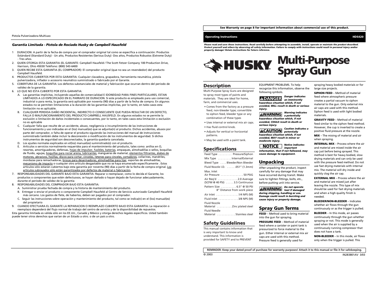 Multi-purpose spray gun, Description, Specifications | Safety guidelines, Unpacking, Spray gun terms, Notice | Husky HDS420 User Manual | Page 24 / 24
