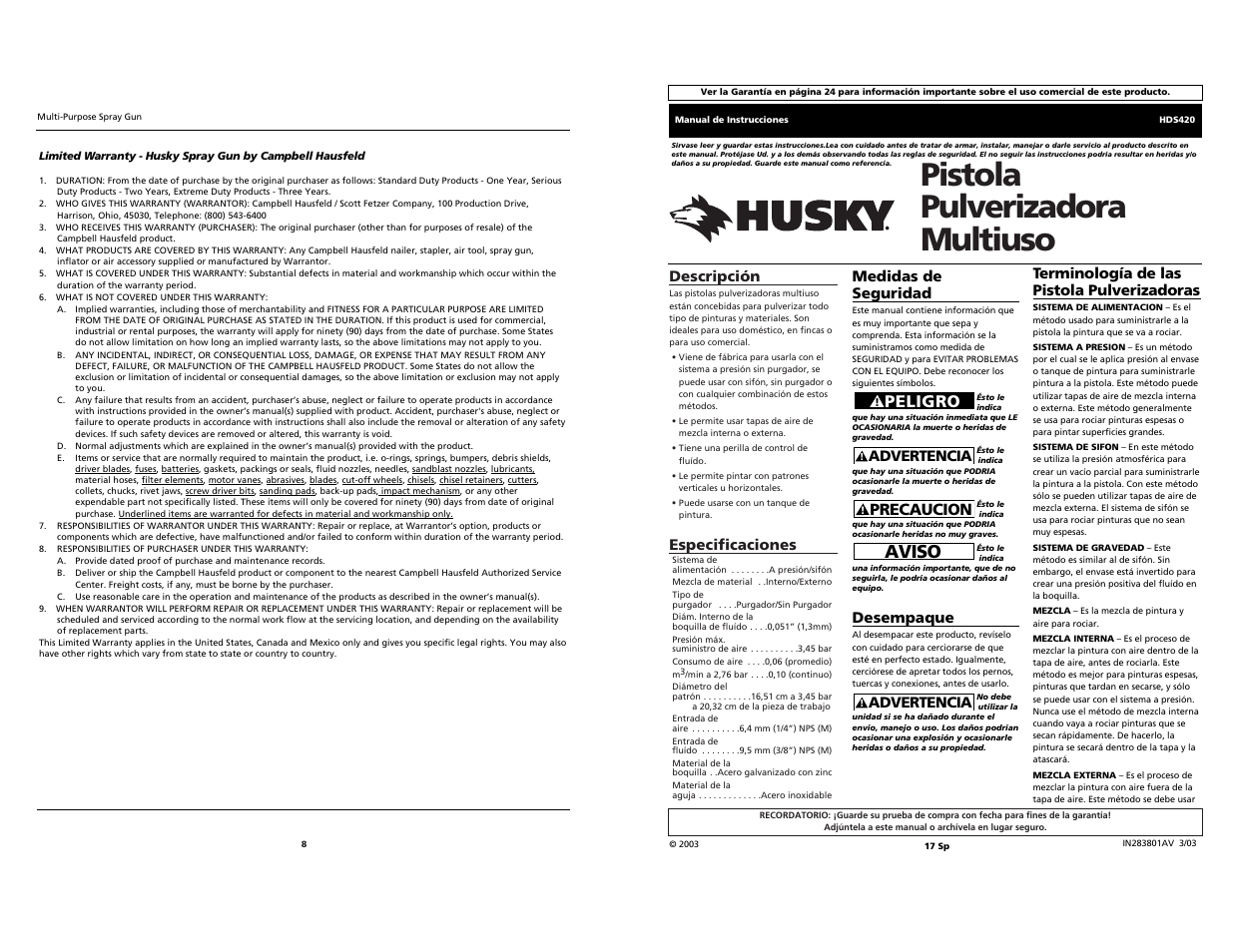 Pistola pulverizadora multiuso, Aviso, Peligro | Precaucion, Descripción, Especificaciones, Medidas de seguridad, Desempaque, Advertencia, Terminología de las pistola pulverizadoras | Husky HDS420 User Manual | Page 8 / 24