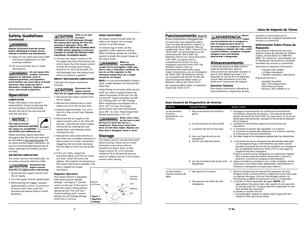 Funcionamiento, Almacenamiento, Advertencia | Safety guidelines, Operation, Notice, Storage | Husky Impact Wrench User Manual | Page 2 / 6