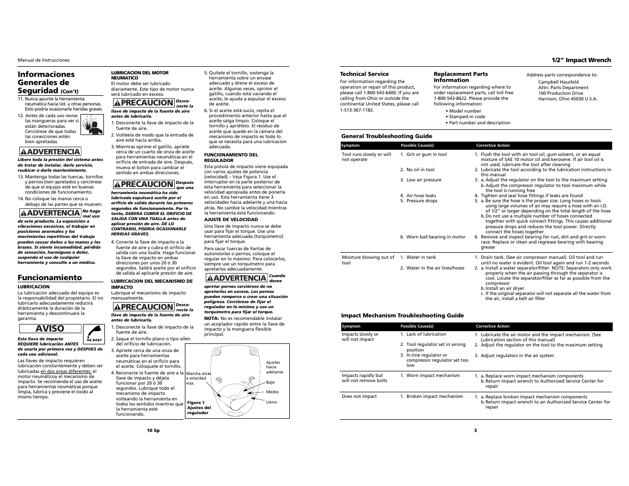 Aviso, Precaucion, Informaciones generales de seguridad | Funcionamiento, Advertencia | Husky Impact Wrench User Manual | Page 3 / 6