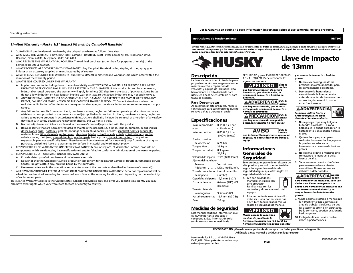 Llave de impacto de 13mm, Aviso, Peligro | Precaucion, Descripción, Especificaciones, Medidas de seguridad, Informaciones generales de seguridad, Advertencia | Husky Impact Wrench User Manual | Page 4 / 6