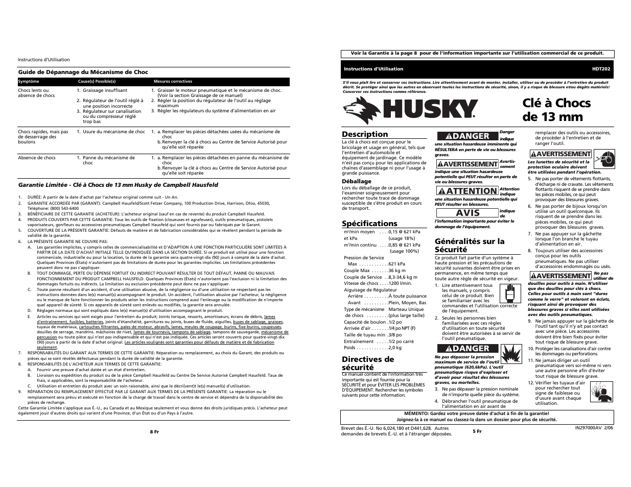 Clй а chocs de 13 mm, Avis, Attention | Danger, Description, Spécifications, Directives de sécurité, Généralités sur la sécurité | Husky Impact Wrench User Manual | Page 5 / 6