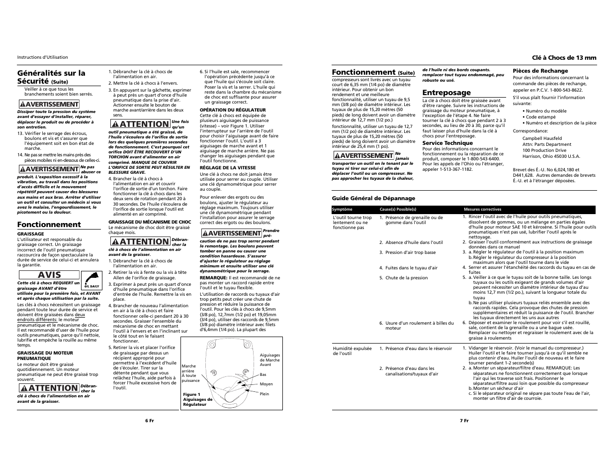 Attention avis, Attention, Fonctionnement | Entreposage, Généralités sur la sécurité | Husky Impact Wrench User Manual | Page 6 / 6